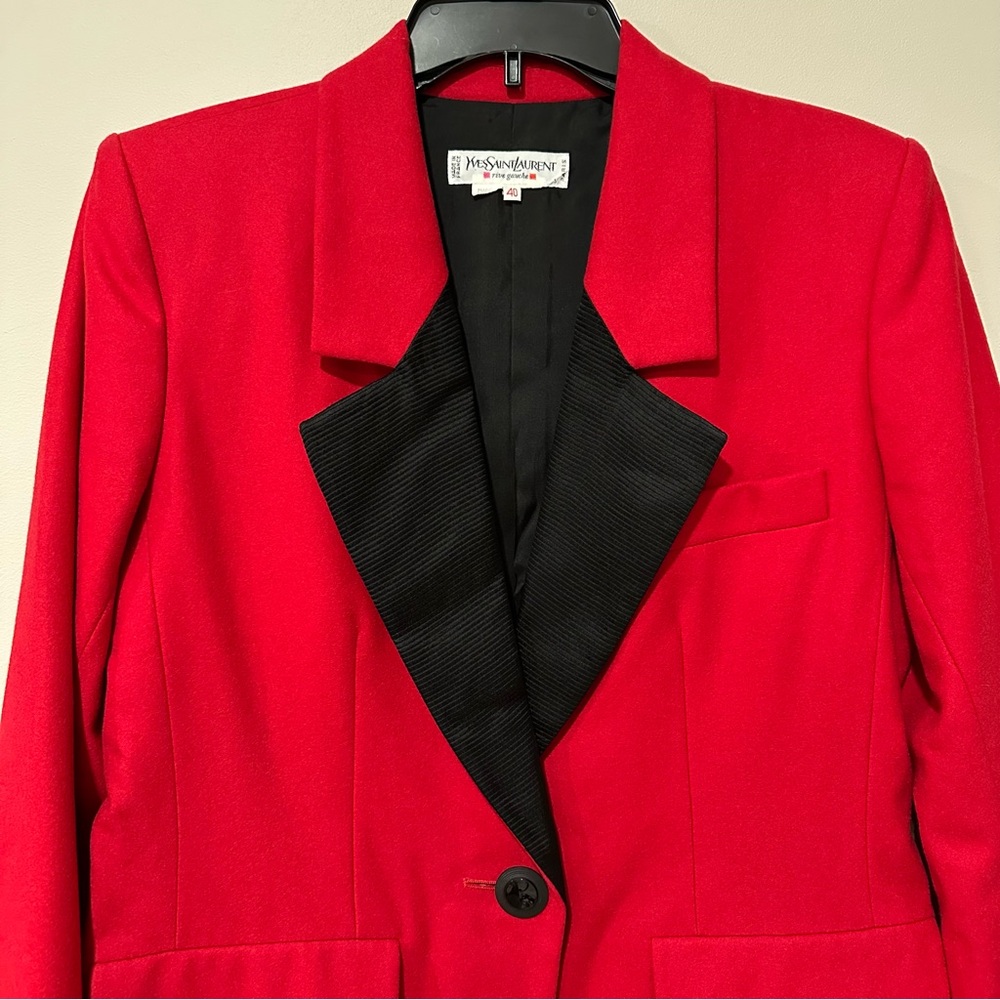 Vintage Yves Saint Laurent Red Wool Tuxedo Blazer Size US 6 Rive Gauche Silk - Picture 4 of 6